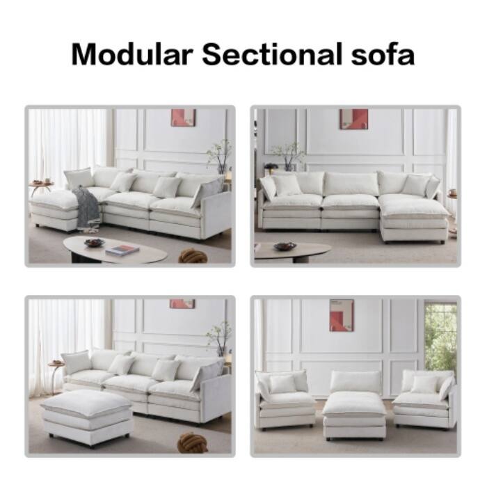 105" Modular Sectional Sofa with Ottoman, Upholstered Chenille Fabric 3-Seater