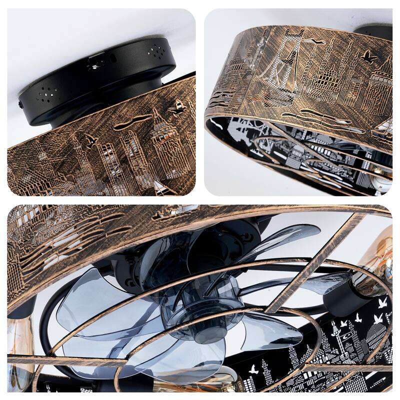 20 inch Flush Mount Ceiling Fan Light with Remote Caged Farmhouse Fandelier Black Wood Low Profile