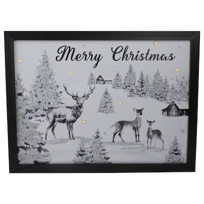 Lighted Black and White Winter Scene Merry Christmas Canvas Wall Art 11.75" x 15.75"