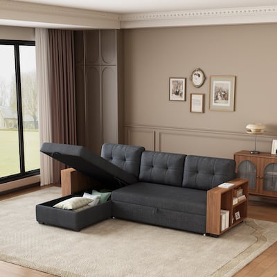 Upholstered Pull Out Sectional Sofa with Storage Chaise