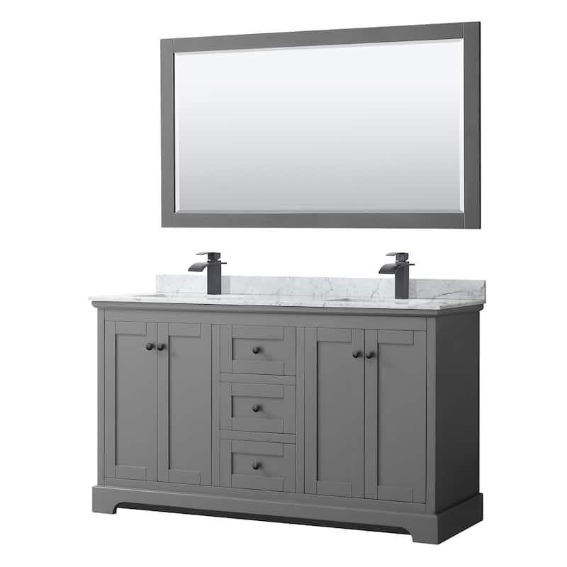Avery 60-inch Double Vanity, Marble Top, Square Sinks, 58-inch Mirror - Dark Gray, Black Trim, White Carrara Marble Top
