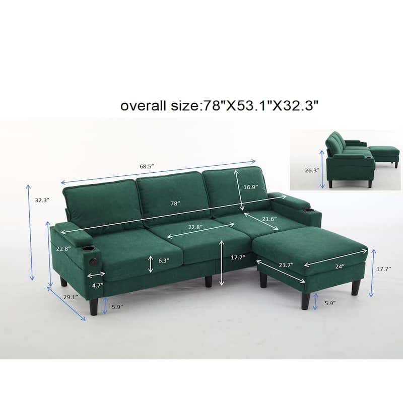 78'' Fabric L-Shaped 3-Seater Sectional Sofa with Storage Ottoman, USB Port, Cup Holders, and Magazine Bags