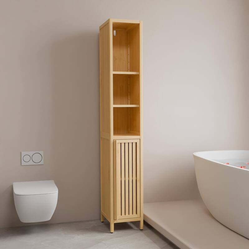 Natural Tall Bamboo Cabinet, Large Capacity Thin Design for Storage