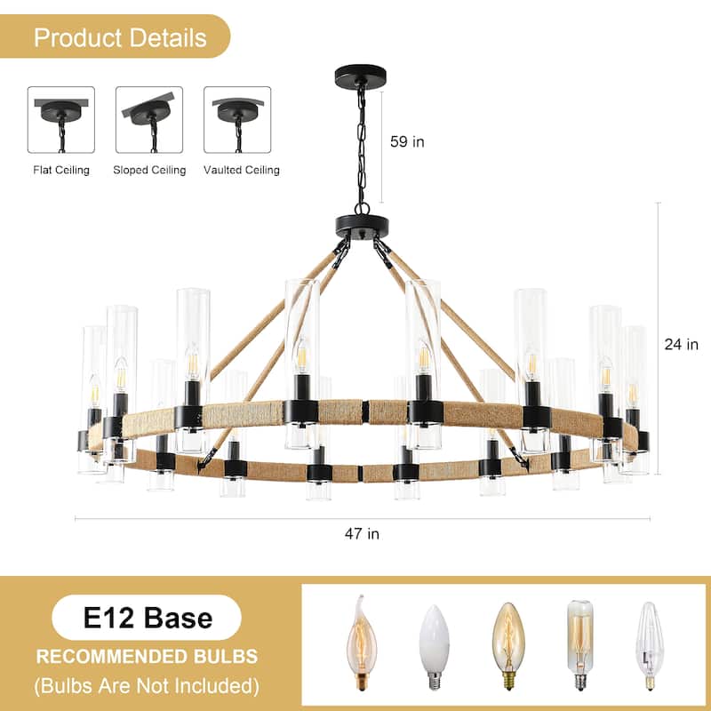 Modern Rustic Wagon Wheel Chandelier with Clear Glass Shades & Hemp Rope Accents