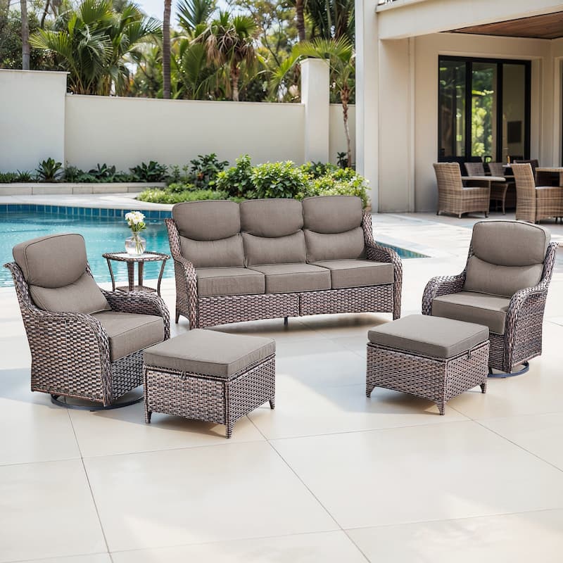 Gymojoy 6-Piece Patio Furniture Set with Swivel Glider Chairs, 6-Inch Ultra-Plush Cushions & Water-Resistant Olefin Fabric - Brown Wicker / Grey Cusion - 6-Piece