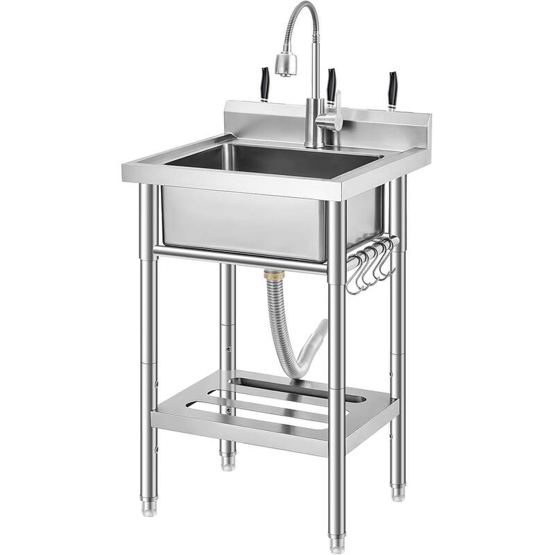 Freestanding Single Bowl Commercial Sink with Adjustable Legs, Storage Shelf, S-Hooks - 19.68*19.68x31.5 Inch