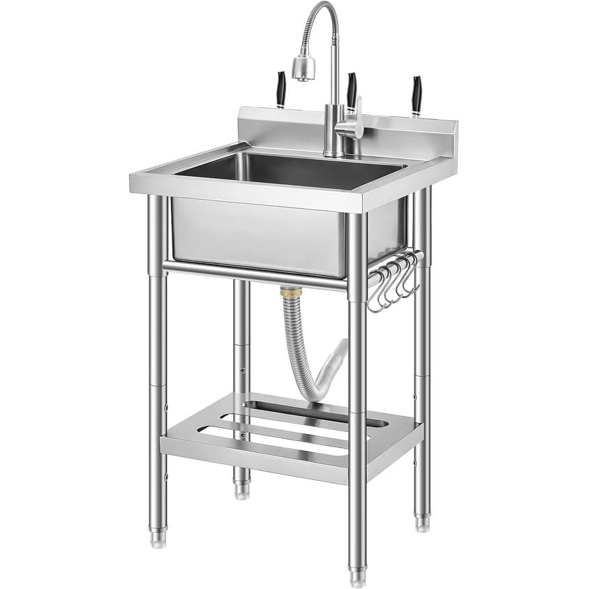 Freestanding Single Bowl Commercial Sink with Adjustable Legs, Storage Shelf, S-Hooks