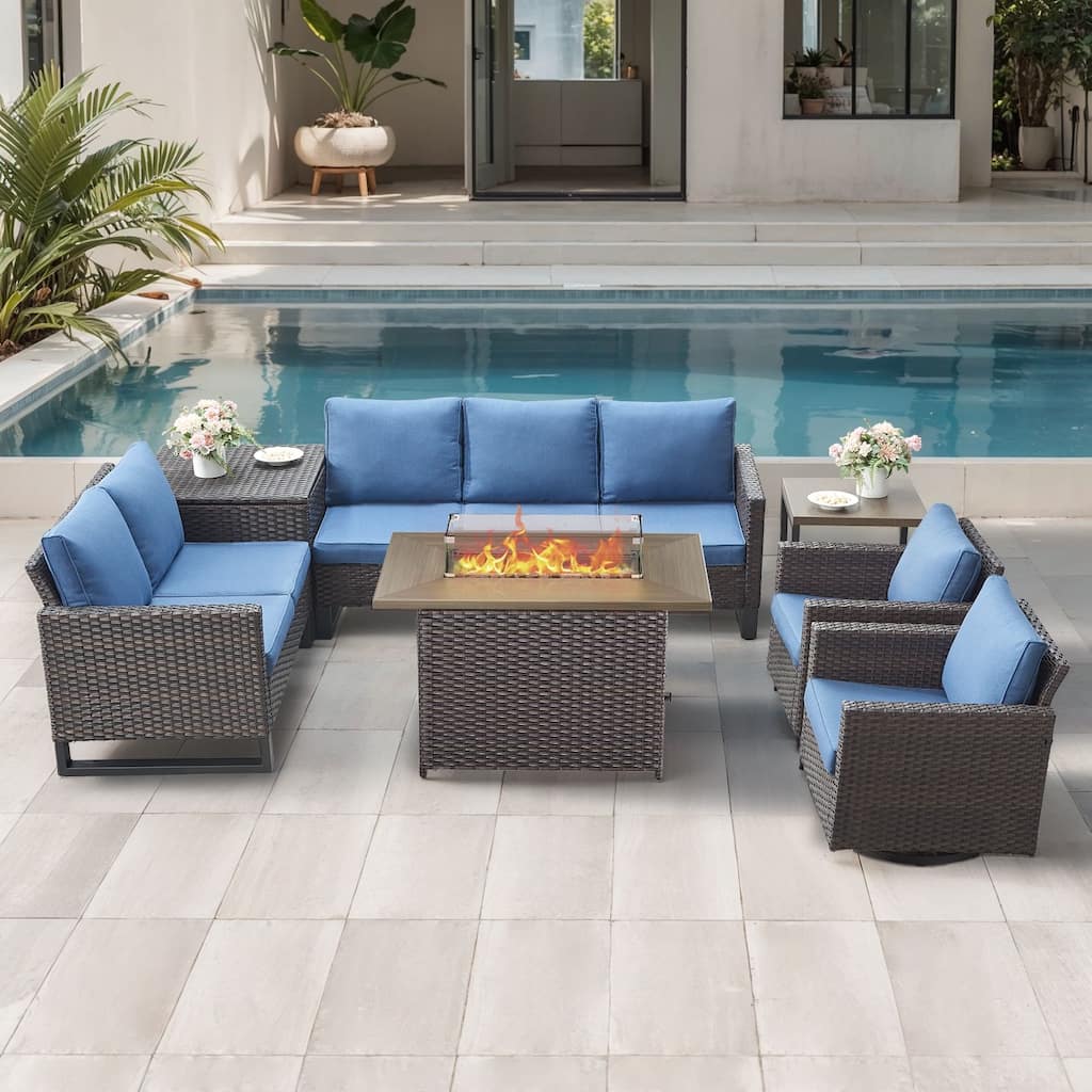 Gymojoy 7 Piece All-Weather Wicker Outdoor Patio Family Conversation Set Group With Fire Pit Table