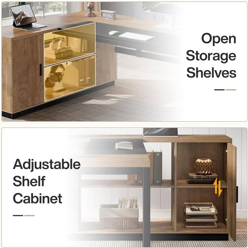 78" L Shaped Modern Wood Executive Office Desk with Storage Cabinet & Shelves