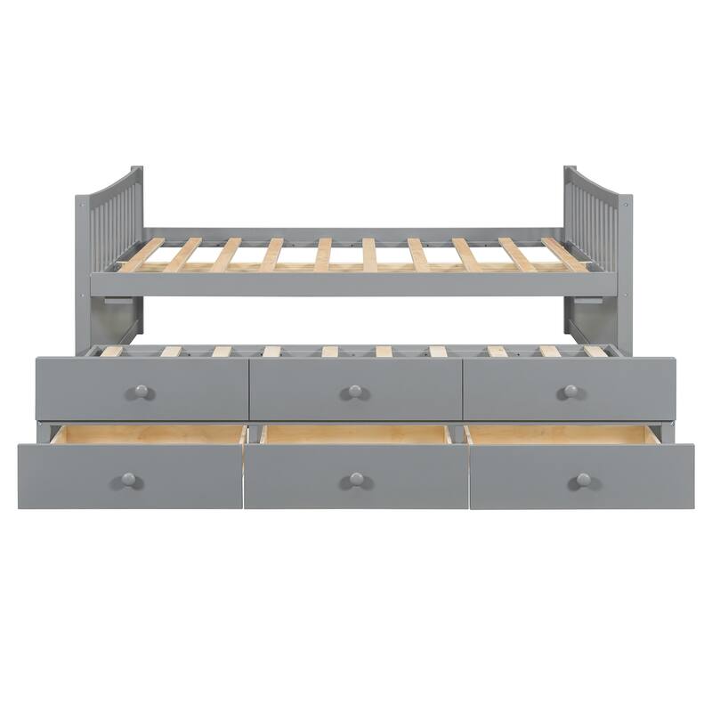 Wood Captains Bed Storage Daybed Full Size Platform Bed with Twin Size Trundle and Drawers, Built-in Smoothly Casters