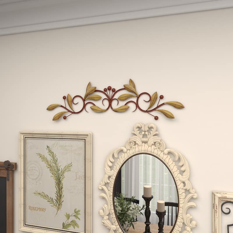 Metal Leaf Home Wall Decor with Scrolled Vine - Green or Red - Roche River Decor