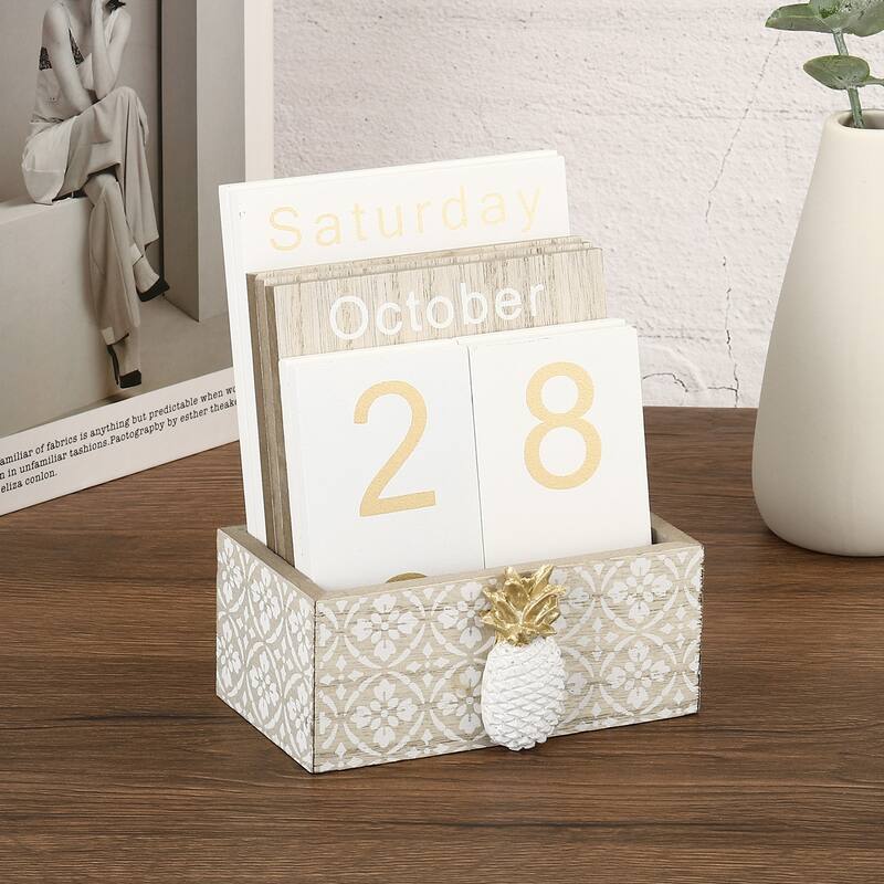 Vintage Wood Block Perpetual Calendar, Wooden Display Blocks Style 1 - Brown