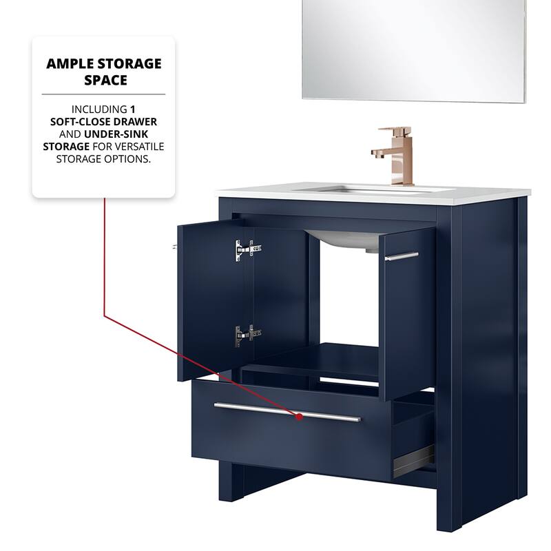 Lafarre Bath Vanity with Cultured Marble Top, Sink, Mirror and Rose Gold Faucet