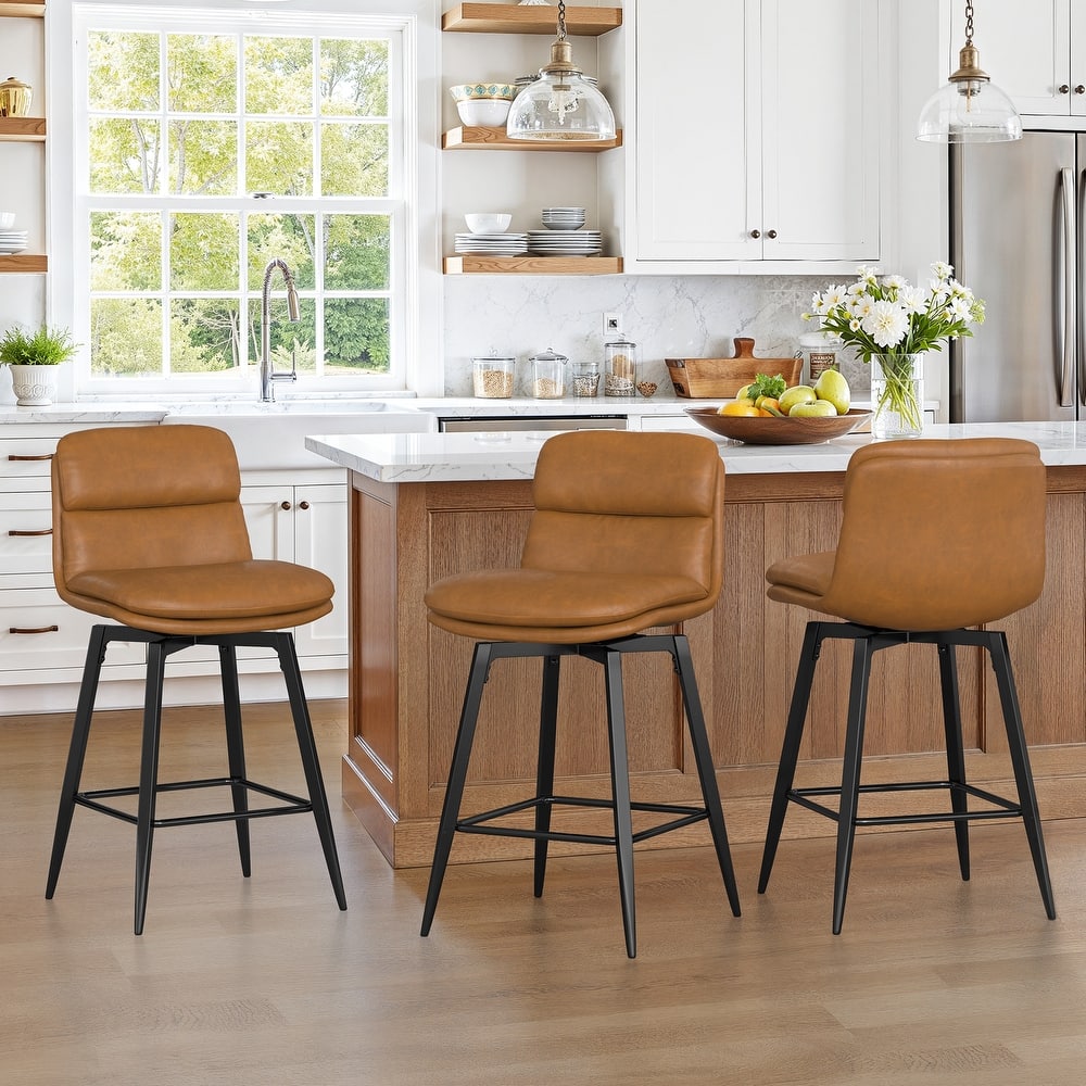 360°Swivel Bar Stools Set of 2/3/4, 26" H Seat Height with, Faux Leather Barstool for Kitchen Island and Home Bar Brown