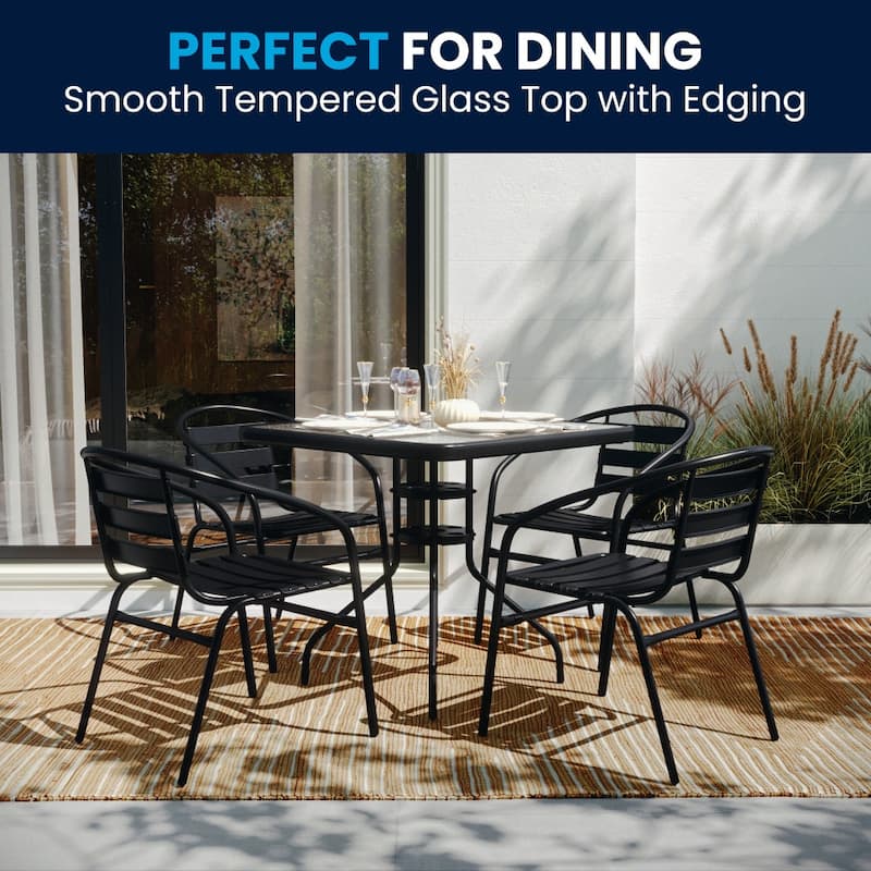 31.5" Square Glass Metal Table with 4 Metal Aluminum Slat Stack Chairs