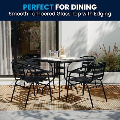 31.5" Square Glass Metal Table with 4 Metal Aluminum Slat Stack Chairs