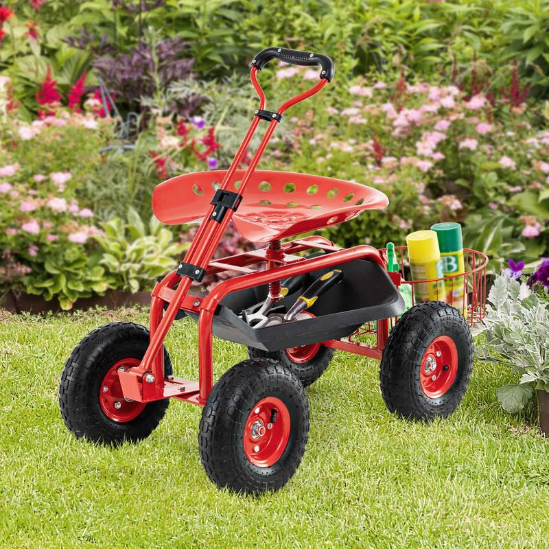 Costway Garden Cart Patio Wagon Roll Work Seat with Tray Basket - See Details