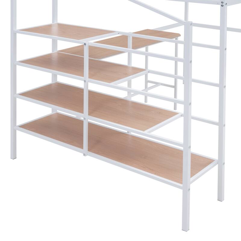 Full Size Chrome Metal Loft Bed with Built-in Desk and Lateral Storage Shelves, Space-Saving Design