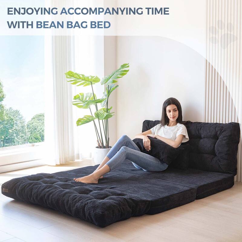Corduroy Bean Bag Bed Tufted Folding Sofa Bed with Pillows