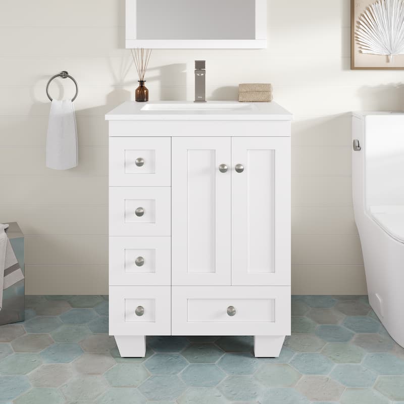 Eviva Acclaim Single Sink Bath Vanity with Carrara Quartz Top and Undermount Porcelain Sink - 24" - White