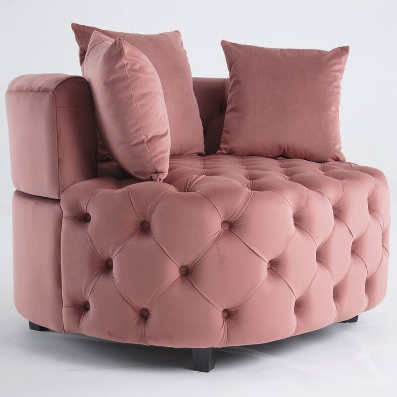 Pink Modern 24" Velvet Upholstered Buttons Tufted Barrel Chair with Pillows