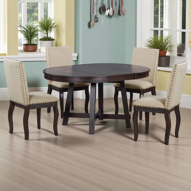 5-Piece Farmhouse Dining Set, Round Extendable Table with 4 Upholstered Chairs, Wood Dining Set for Kitchen and Dining Room