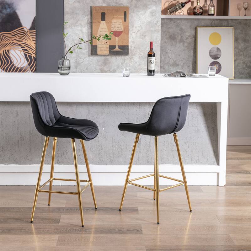 26 Inch Set of 2 Bar Stools,with Chrome Footrest Velvet Fabric Counter Stool Golden Leg Simple Bar Stool,BLACK