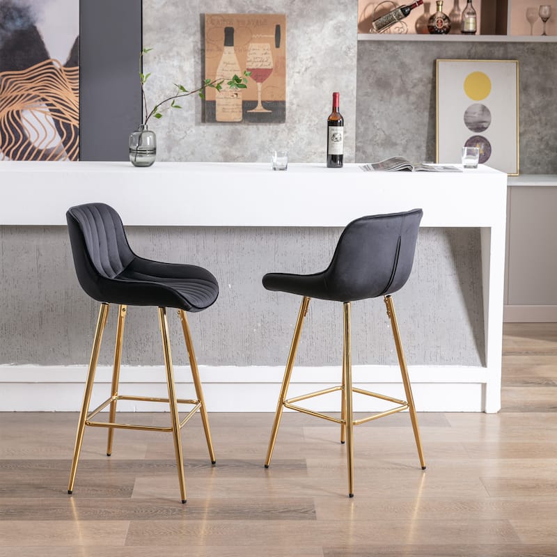26 Inch Set of 2 Bar Stools,with Chrome Footrest Velvet Fabric Counter Stool Golden Leg Simple Bar Stool,GREEN