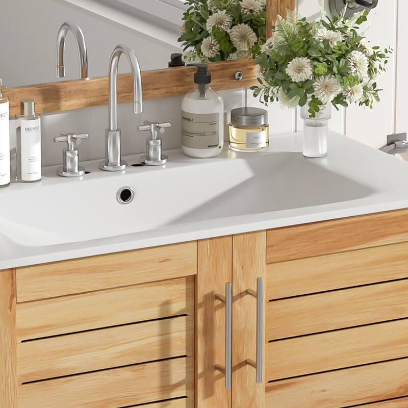 Roomfitters 30" Antique Bathroom Vanity with Ceramic Sink, Mid-Century Cabinet with Soft-Close Doors, Antique Natural