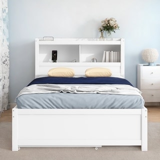 Full Size Platform Bed Frame with Trundle, Storage Drawers, USB Ports, and Shelves for Bedroom, Easy to Assemble, White