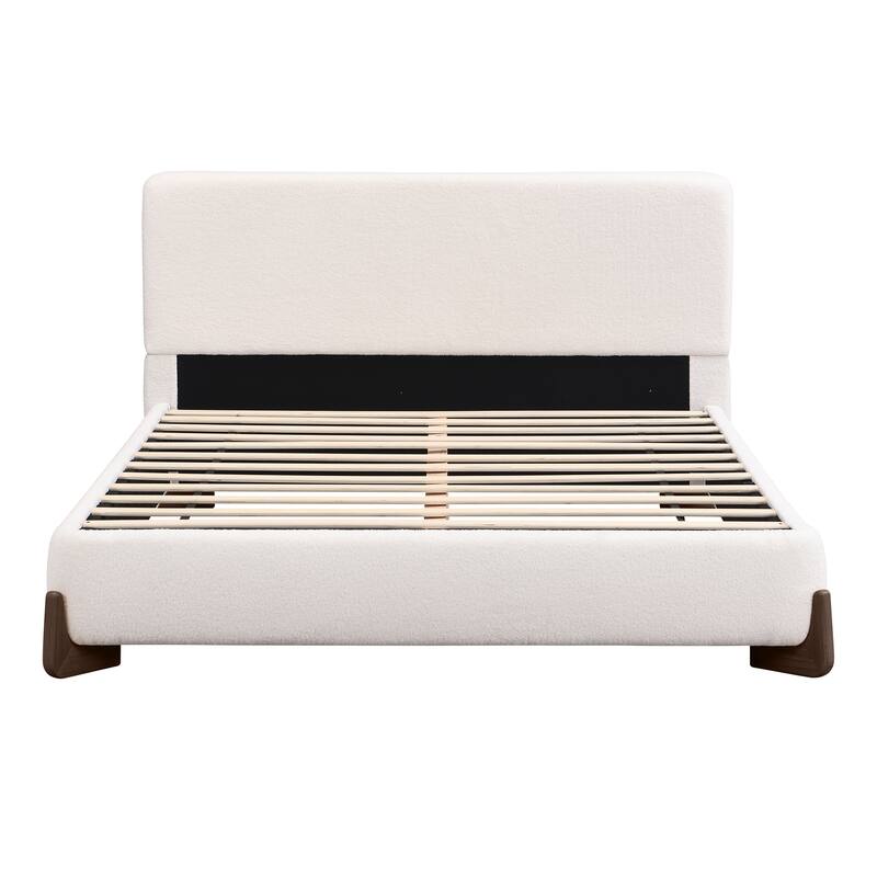 Boucle Upholstered Bed Low Profile Platform Bed Curved Wingback Bed