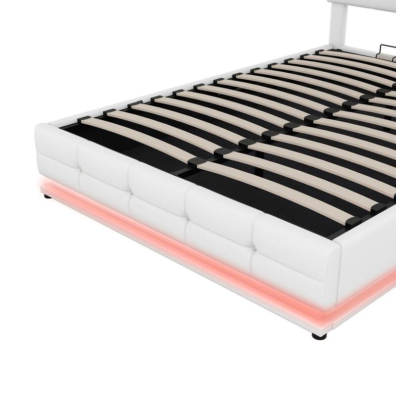 Tufted Platform Bed with Hydraulic Storage System, LED Lights and USB Charger