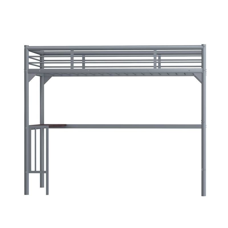 Silver Twin Size Metal Loft Bed with Desk, Ladder, and Guardrails