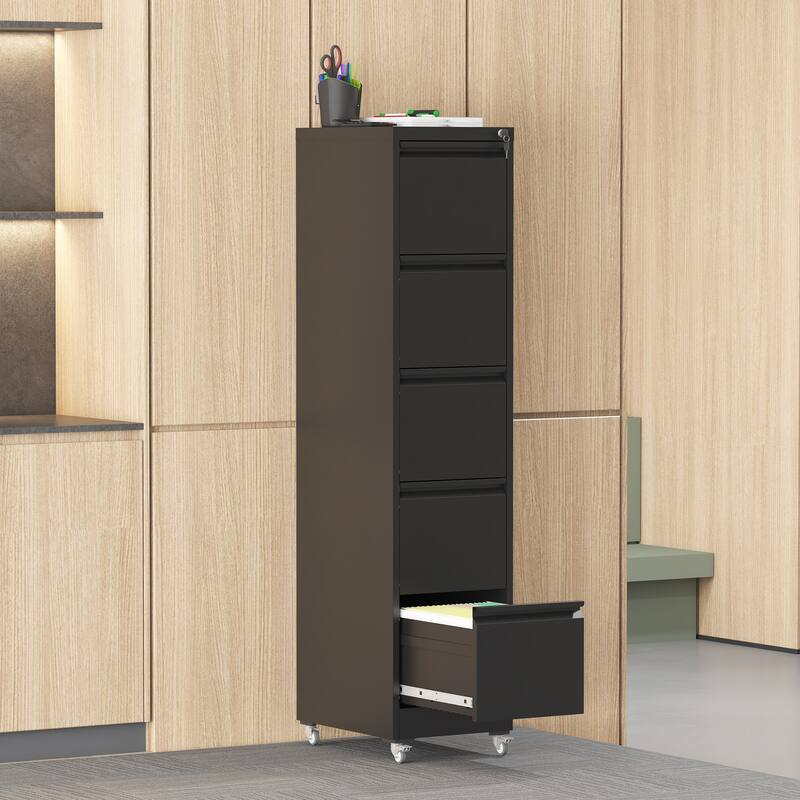 5 Drawer Metal Vertical File Cabinet with Lock on Wheels,Heavy Duty Metal Storage Cabinet for A4/Letter/Legal Size Files
