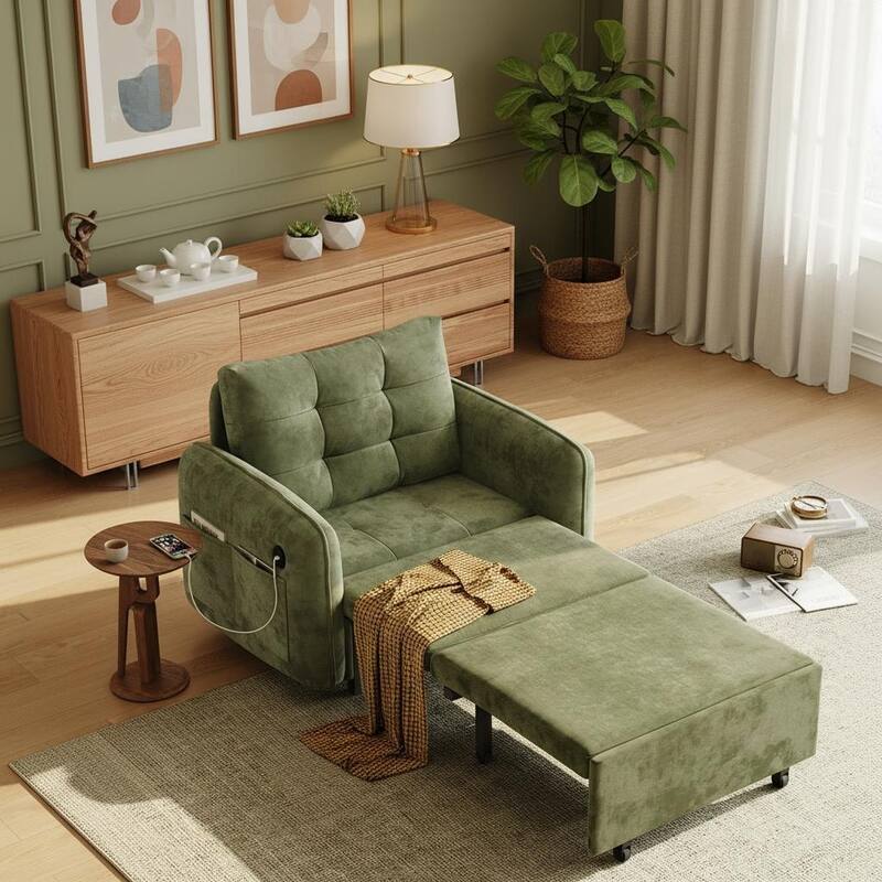 3-in-1 Multi-functional Tufted Chenille Lounge with Storage Space by Harper&Bright Designs - Green