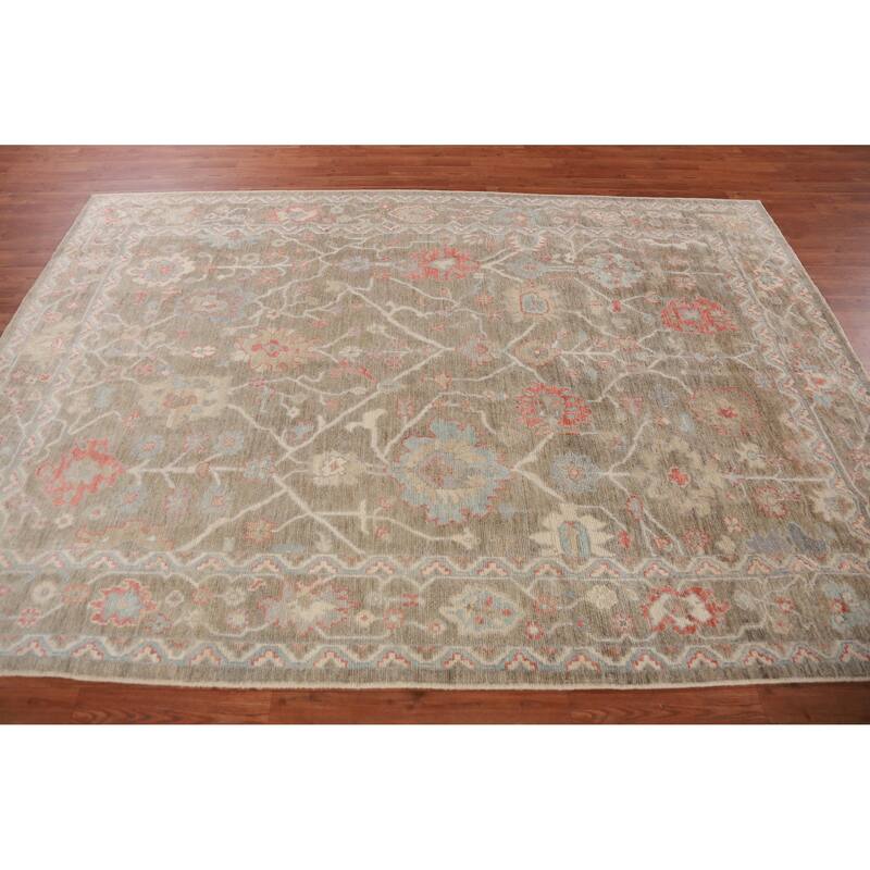 Hand Knotted Oriental 100% Wool Carpet Transitional All-Over Brown Oushak Area Rug - 8' 11'' X 6' 2''