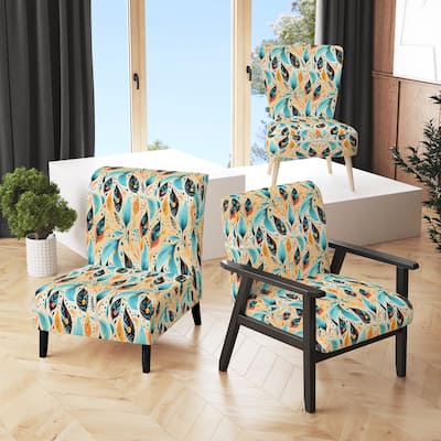 Designart "Yellow And Blue Eclectic Boho Feather" Upholstered Boho Accent Chair and Bohemian & Eclectic Arm Chair