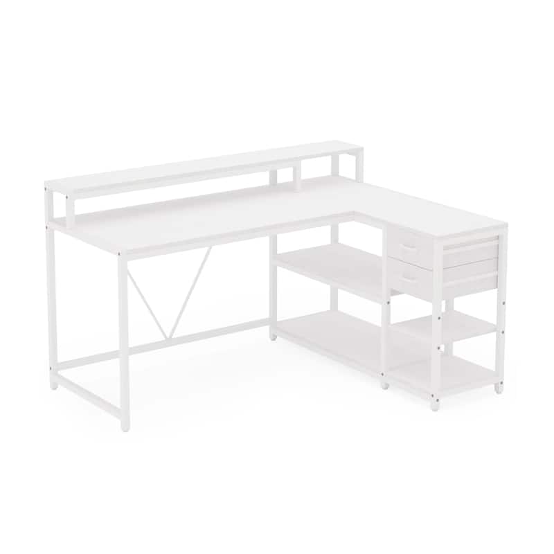 Executive Desk, L Shaped Top, Portable File Cabinet, 55 Inch White