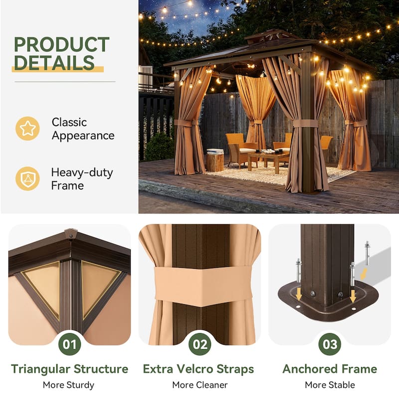 Hardtop Gazebo, Aluminum Frame Permanent Pavilion with Curtains and Netting