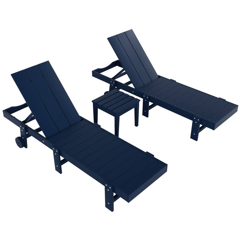 Polytrends Shoreside Modern Poly Eco-Friendly All Weather Reclining Pool Chaise Lounge With Wheels and Side Table (3-Piece Set)