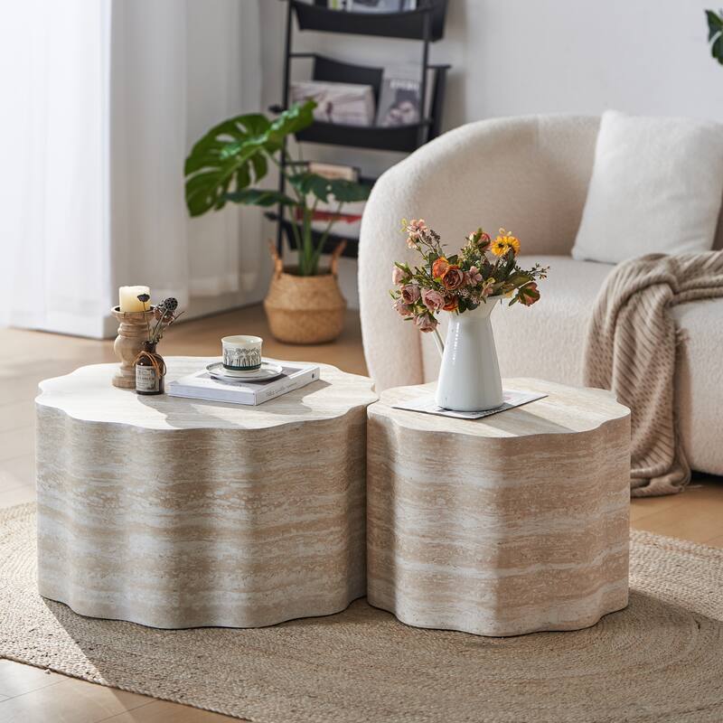 Set of 2 Round Coffee Tables for Living Room, Faux Mars Pattern Modern Minimalist Side Tables Accent End Table End Table - beige brown