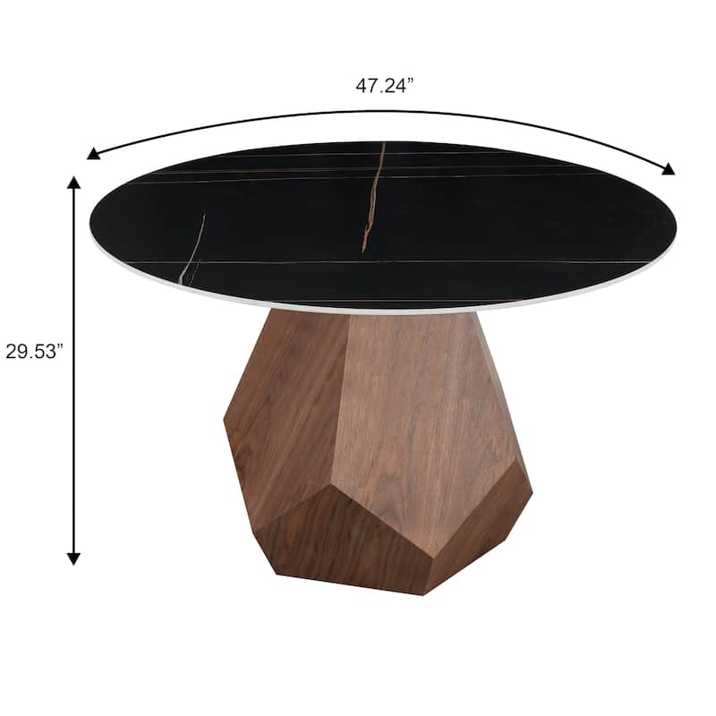Nebo Round 47" Tempered Glass or Sintered Stone Top Dining Table with Geometric Design Ashwood Pedestal Base Kitchen Table