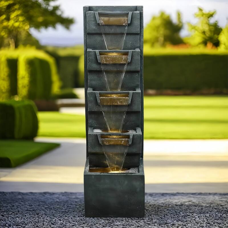 SunJet 39.3" Hand Crafted 6 Tier Outdoor Resistant Floor Fountain with LED Lights - 39.3'' H X 11.6'' W X 12.2'' D - Floor - Grey - 39.3'' H X 11.6'' W X 12.2'' D - Polyresin