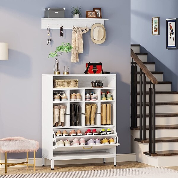 Shoe Cabinet with Coat Rack, Entryway Shoe Storage Cabinet with Flip Doors and 12 Cubbies - 15.75"D x 33.46"W x 43.9"H