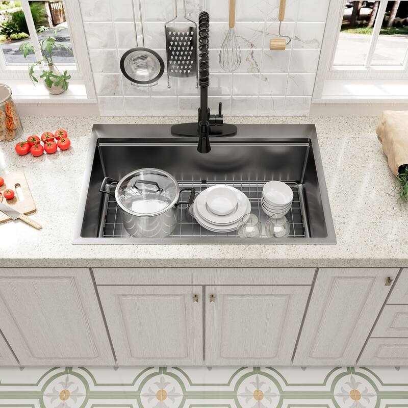 Drop-In Nano PVD Gunmetal Black Stainless Steel Workstation Kitchen Sink with Two-Function Kitchen Faucet and Accessories