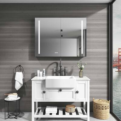 40 x 30 inch LED Lighted Bathroom Medicine Cabinet with Mirror, Sockets, Dimmable, Anti-Fog