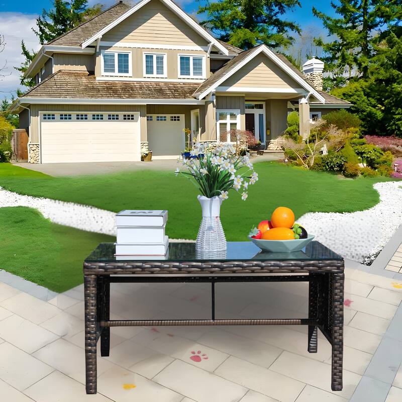 Anmytek Brown Wicker Patio Coffee Table with Tempered Glass Top, Rustic Modern Outdoor Furniture for Garden, Porch & Backyard
