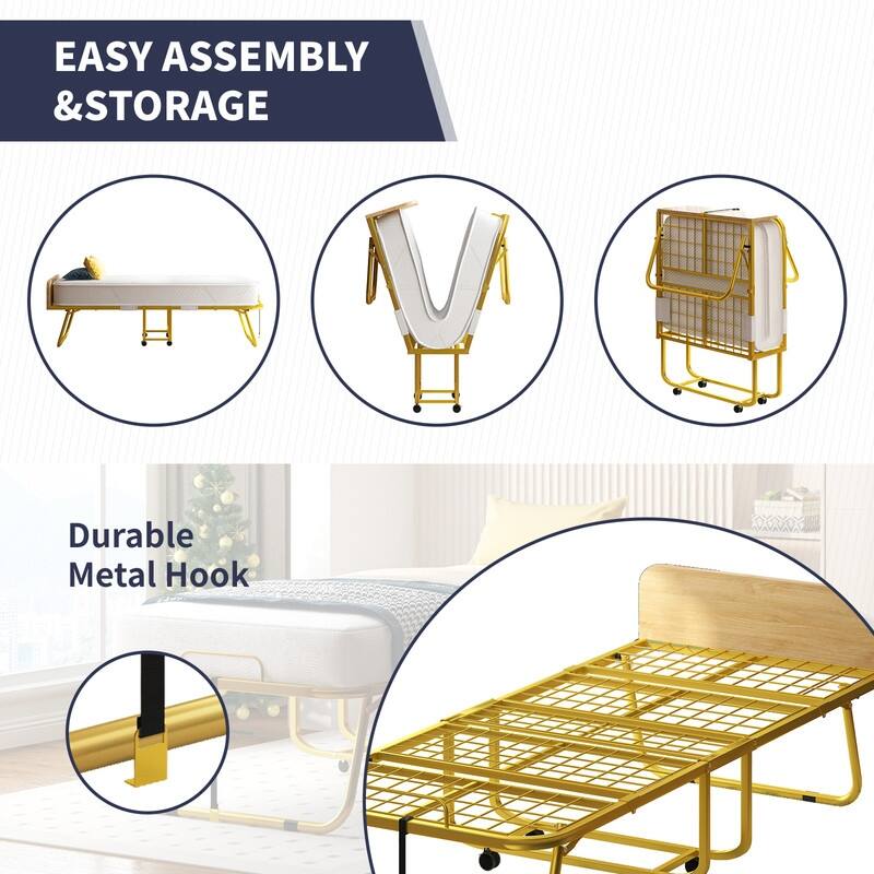 Mixoy Folding Bed with Mattress,Headboard,Dust Cover,Gold Metal Frame