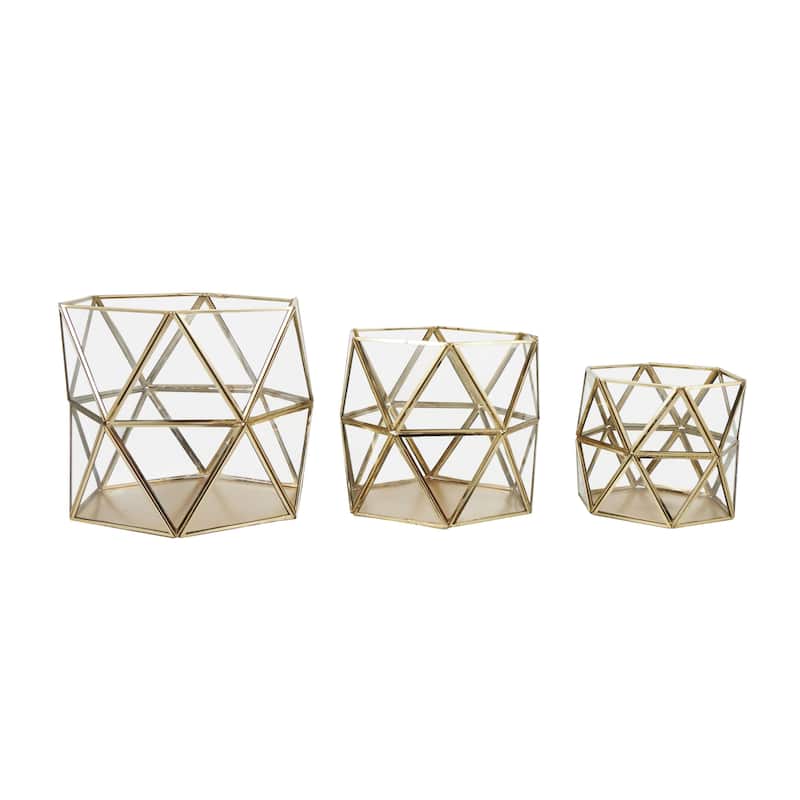 Metal Geometric Wide Diamond Patterned Hexagon Indoor Outdoor Candle Lantern - Set of 3 Gold - CosmoLiving by Cosmopolitan