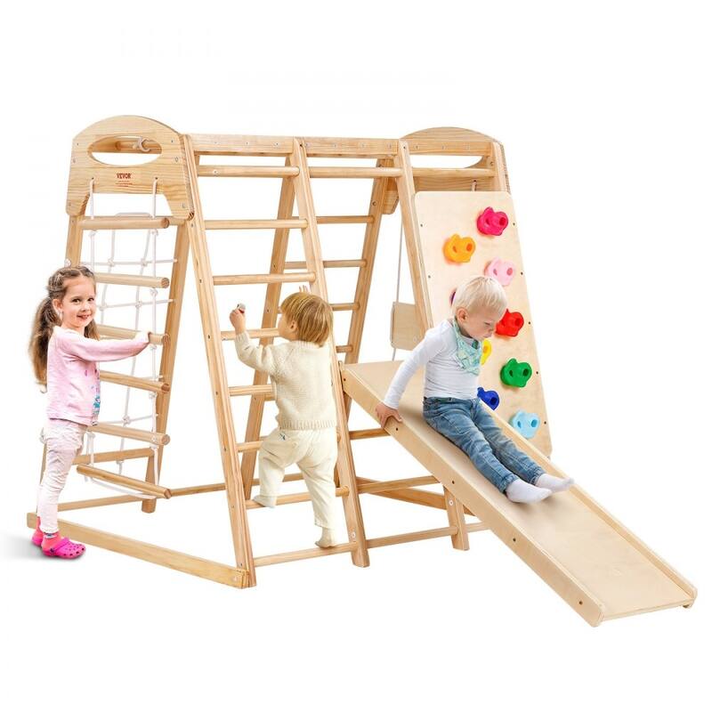 7-in-1 Kids Climbing Gym Indoor Playset, Wooden Slide Swing Monkey Bars Rope and Net Ladder - 43 x 47.2 x 47 inch